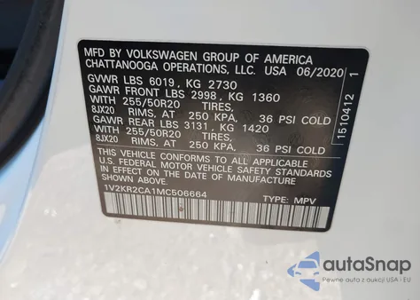 2021 Volkswagen Atlas 3.6L V6 Se W/Technology z USA, uszkodzony, nr VIN 1V2KR2CA1MC506664